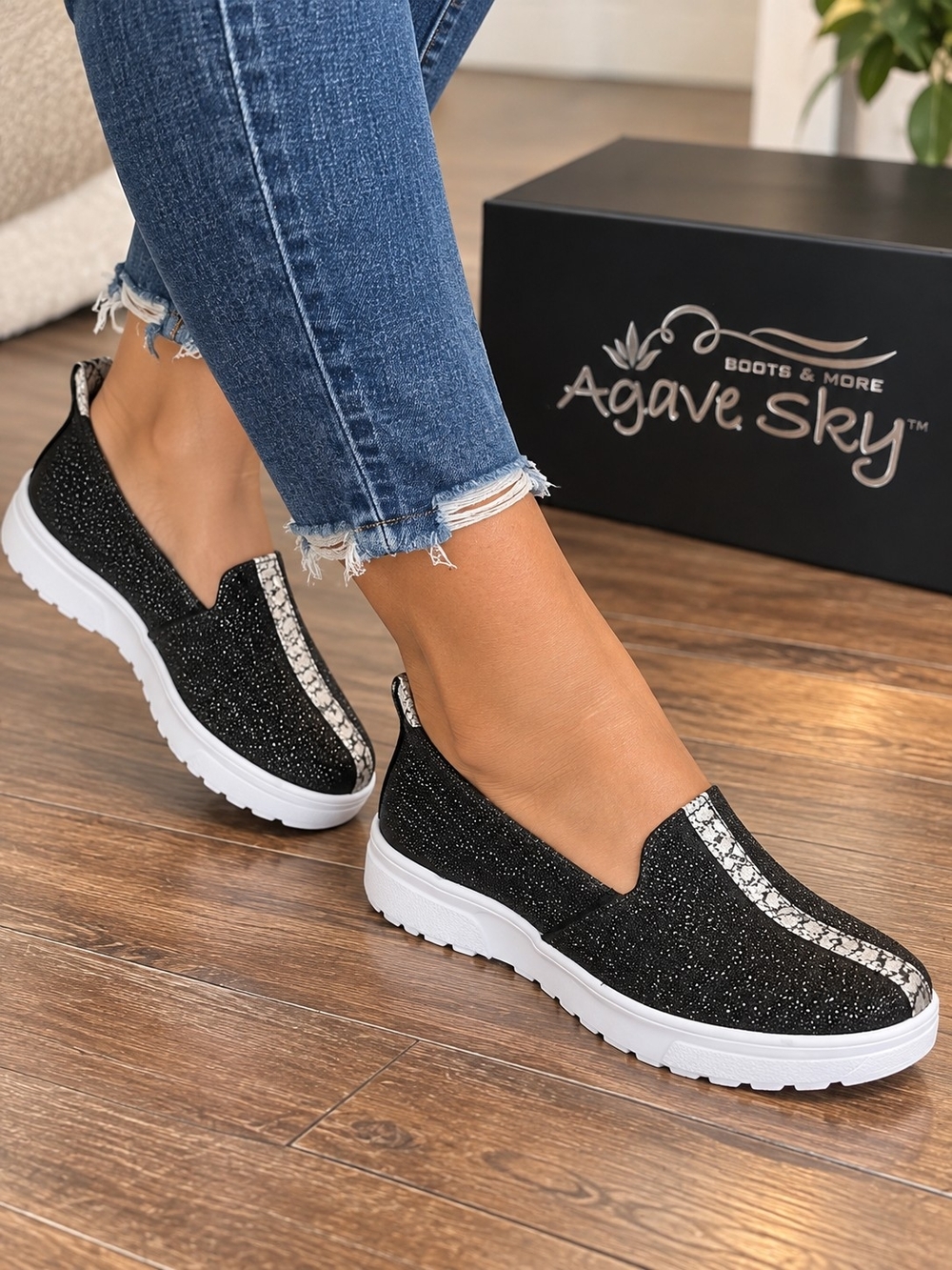 Agave Sky Black Glitter Slip-On Sneakers with Silver Trim